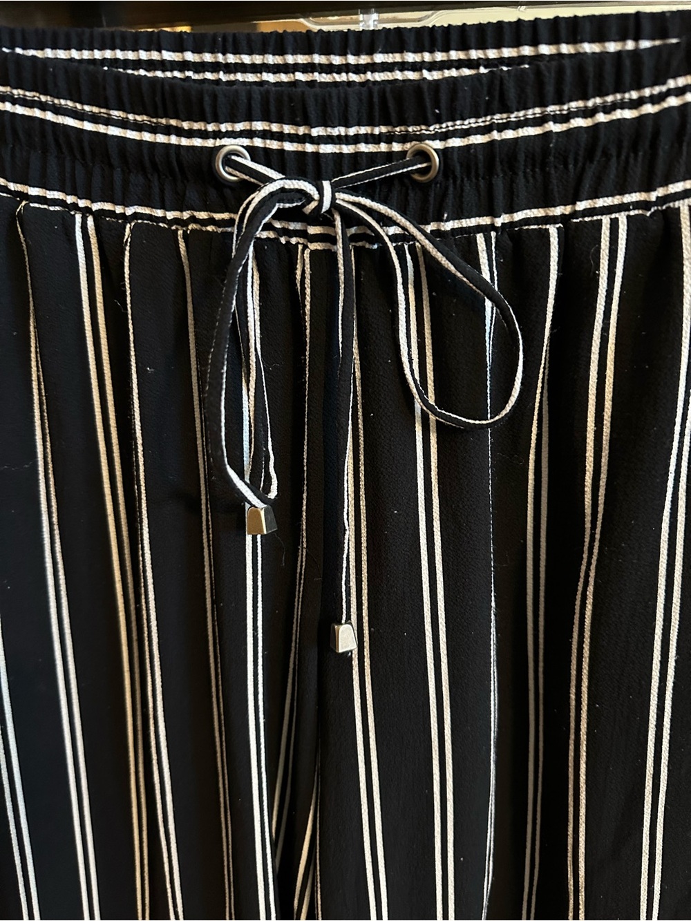Be Cool Women’s M Striped Drawstring Ankle Pants Black White Pull On Tapered - Picture 3 of 5